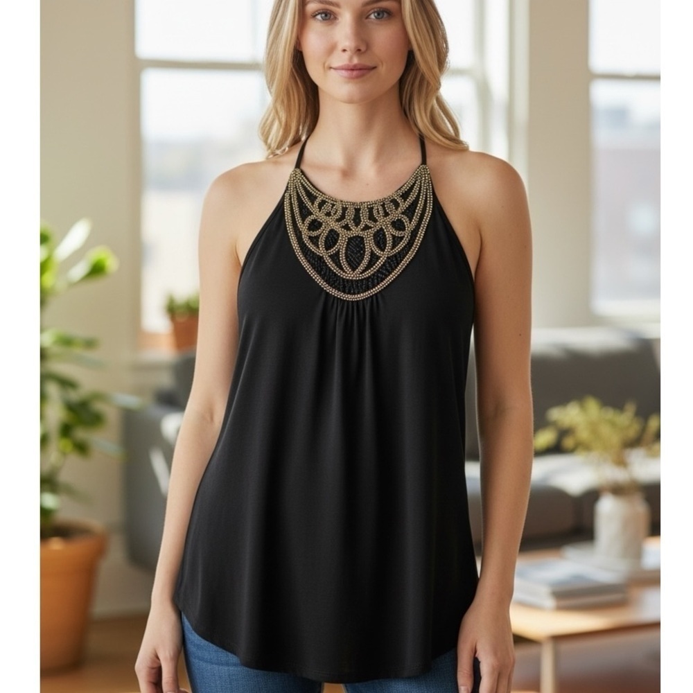 Iz Byer Black Halter Camisole with Gold Accents
